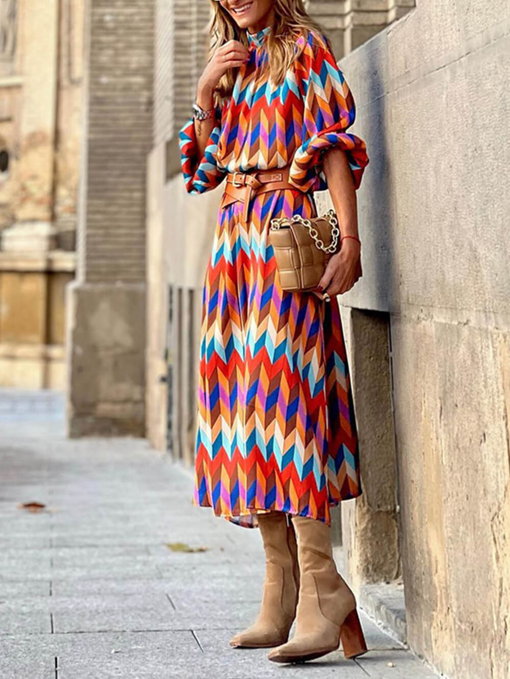 Elegant Stand Collar Mid Length Dress