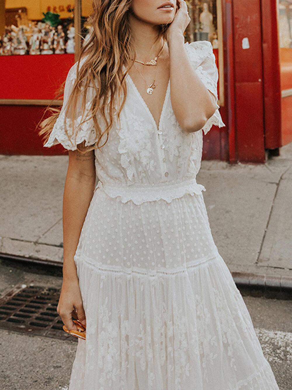 V-Neck Short-Sleeve Lace Maxi Dress