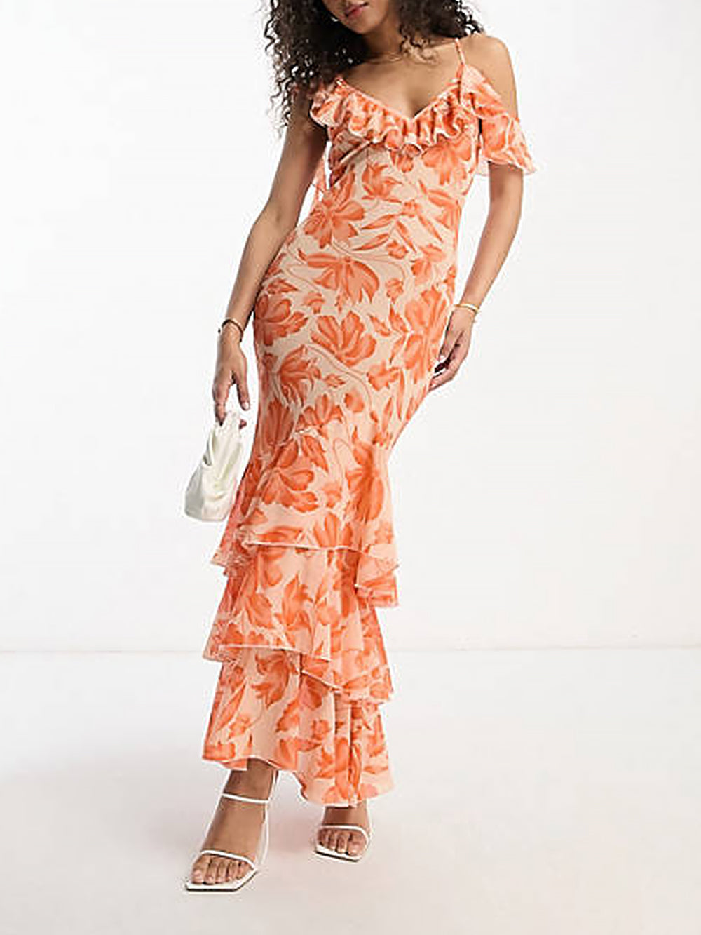 Shoulder Asymmetric Maxi Dress In Orange Floral Jacquard