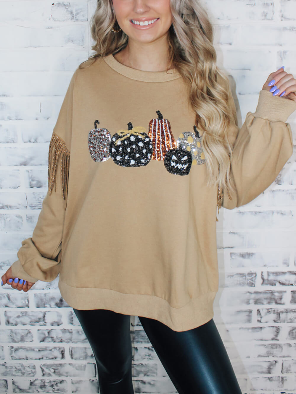 Pumpkin Sequin Fringe Sleeve Top