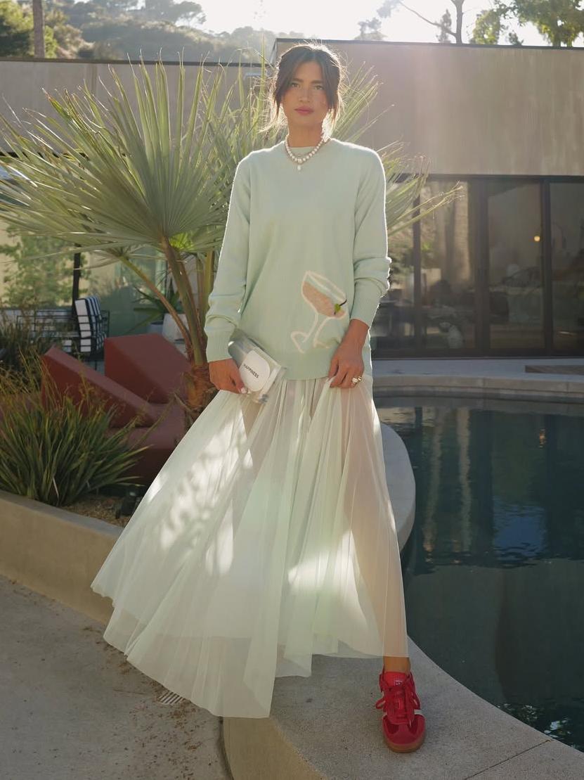 Mint Green Sweater with Cocktail Pattern & Sheer Tulle Maxi Skirt Outfit