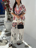 Unique And Exquisite Ethnic Floral Print Elastic Waist Pocket Wide Leg Pants-Set