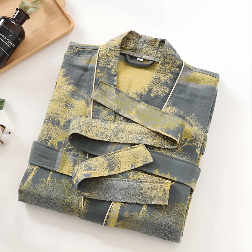 Long women’s robe in gray with yellow nature print, tie belt, and pockets