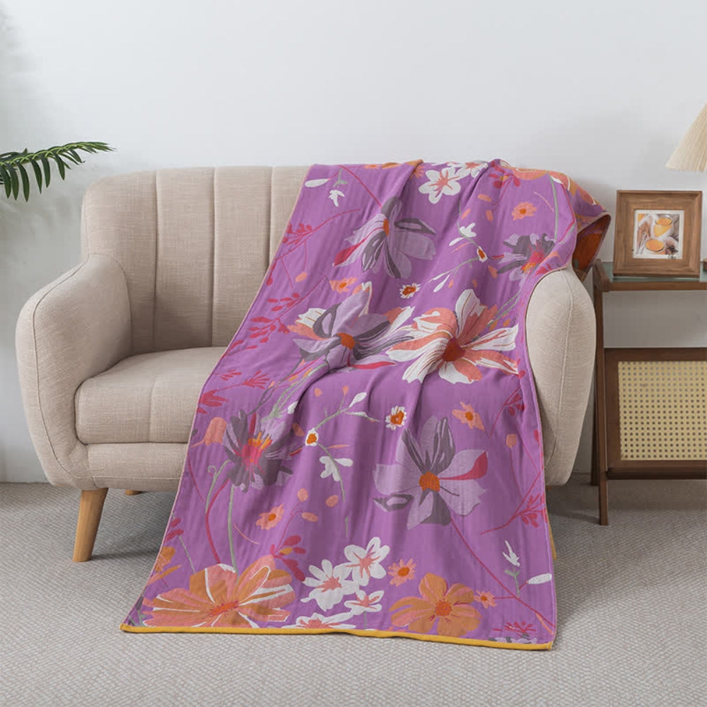 Purple floral throw blanket with colorful flower pattern, lightweight decorative sofa and bed cover for living room