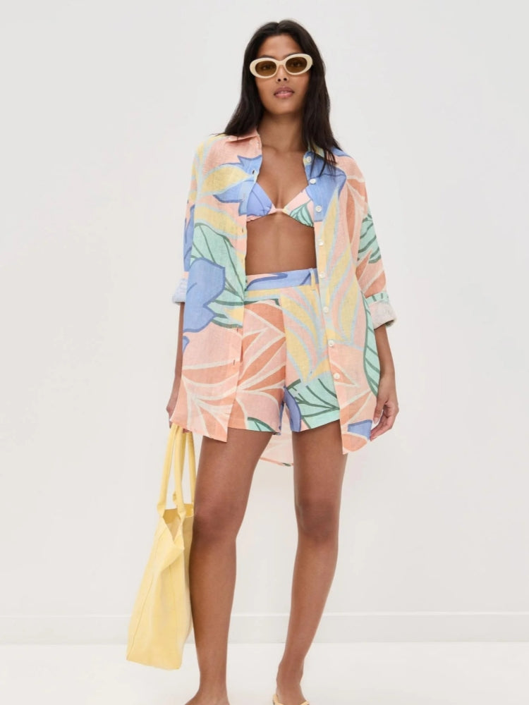 Playa Boyfriend Tropical Leaf Printed Short Set