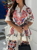 Unique And Exquisite Ethnic Floral Print Elastic Waist Pocket Wide Leg Pants-Set