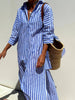 Splendor Stripes Printed Button Half Sleeve Belt Shirt Midi Dress