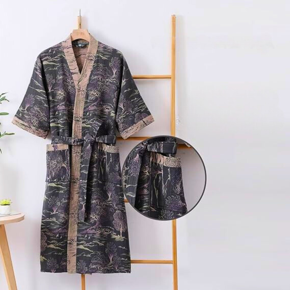 Japanese-style cotton kimono robe with nature print, short sleeves, front pockets, and waist belt for loungewear or sleepwear