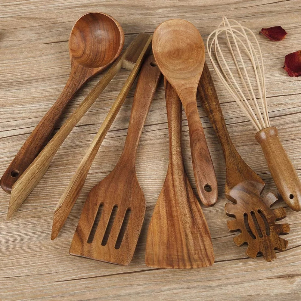 Set of wooden cooking utensils with whisk – eco-friendly kitchen spoons, spatulas, and pasta server for non-stick cookware