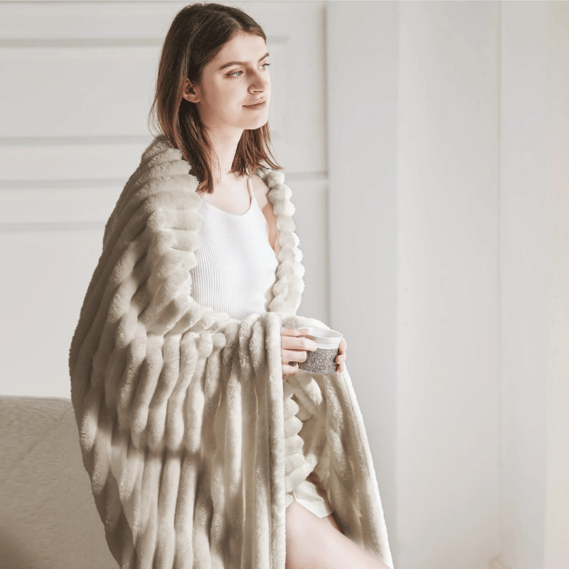 Luxury faux fur blanket in ivory white, soft and cozy throw for bedroom or living room winter decor