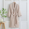 Pink waffle bathrobe with shawl collar, front pockets, and waist belt – lightweight cotton robe for women