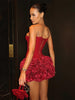 Red 3D Flower Hem Sexy Lace-Up Off-Shoulder Mini Dress