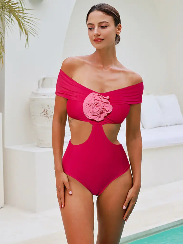 Floral Appliqué Cutout One Piece Swimsuit Set