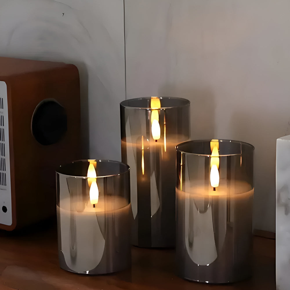 Set of flameless LED pillar candles with frosted glass, realistic battery-operated candles for home decor and ambient lighting