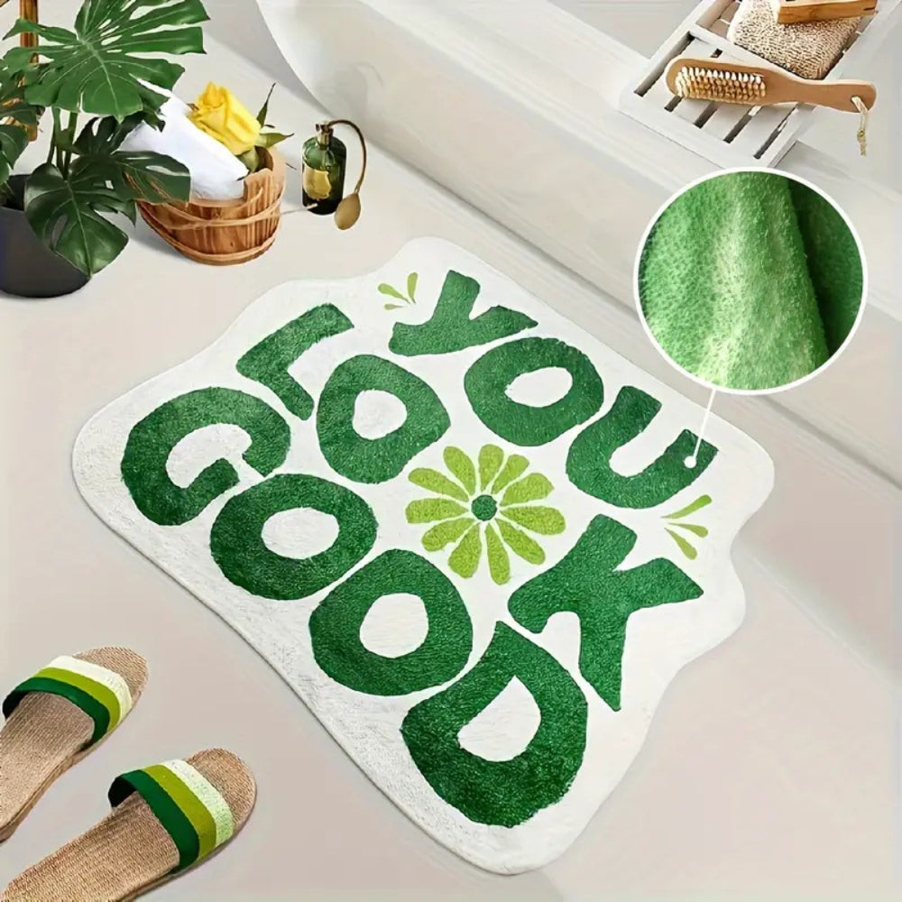Green and white bathroom rug with retro text design ‘You Look Good’, soft absorbent bath mat with floral accent