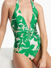 Green Halter Deep V One-Piece Swimsuit Set