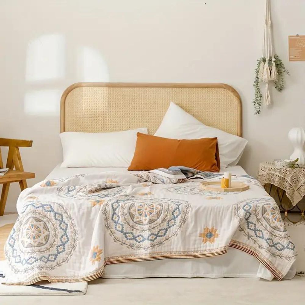 Bohemian bedspread with geometric mandala patterns in blue and yellow, lightweight cotton quilt for modern bedroom decor