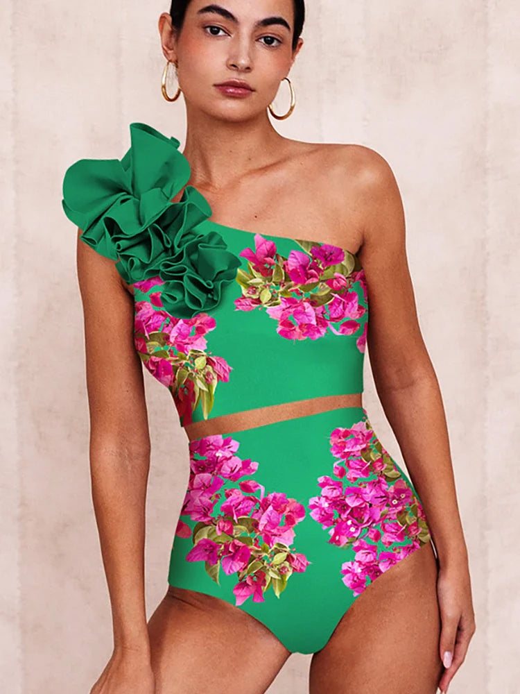 One-Shoulder Printed High-Waist Bikini Set