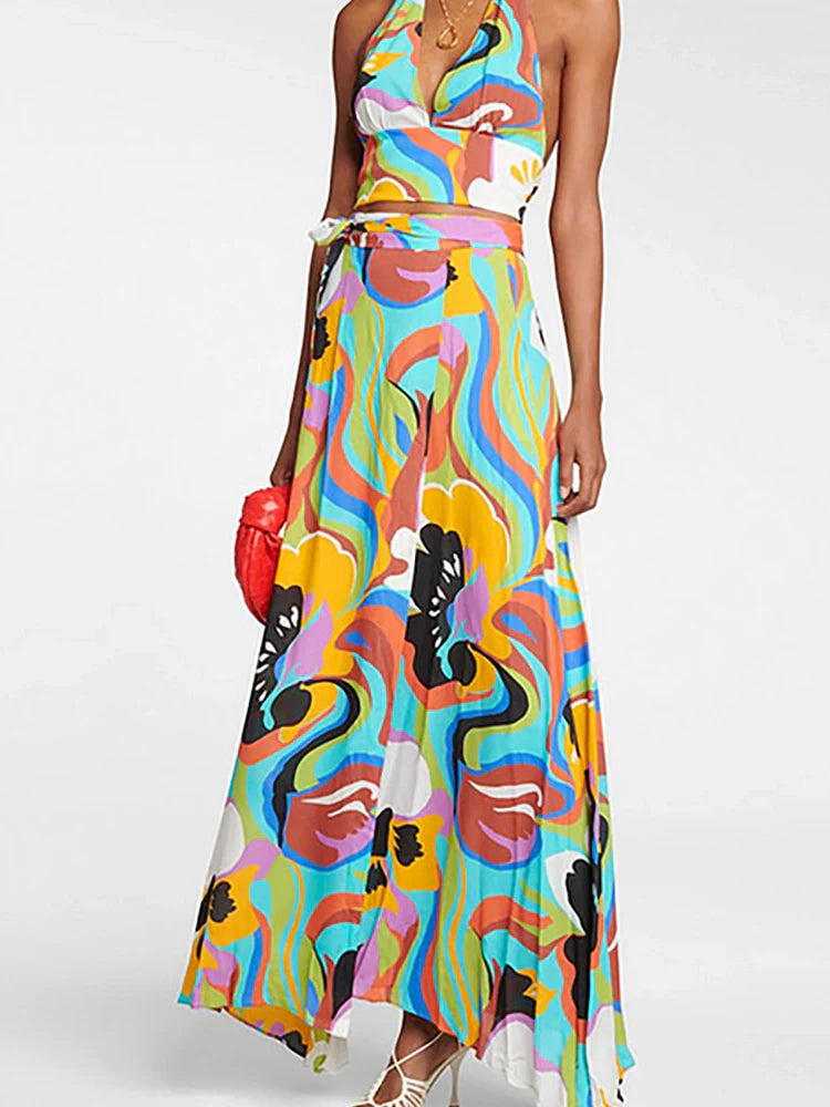 Deep V Halter Neck Print Sexy Swimsuit Set