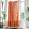 Light green sheer shower curtain with grid pattern and tassel trim, waterproof bathroom curtain for modern home decor