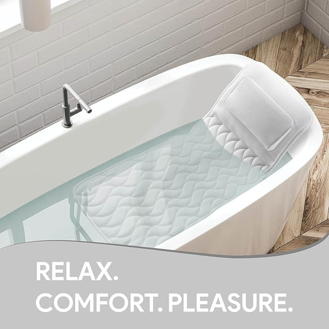 White padded bathtub mat with built-in pillow, full-length non-slip bath cushion for spa and tub comfort