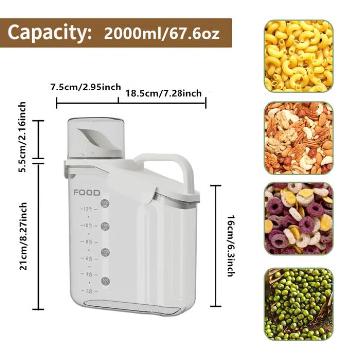 Airtight plastic food storage containers with measuring cup lid, kitchen canisters for rice, grains, beans, and cereals