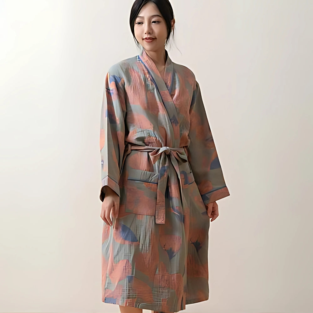 Women’s cotton kimono robe with abstract pastel print, lightweight long bathrobe with belt for loungewear and spa