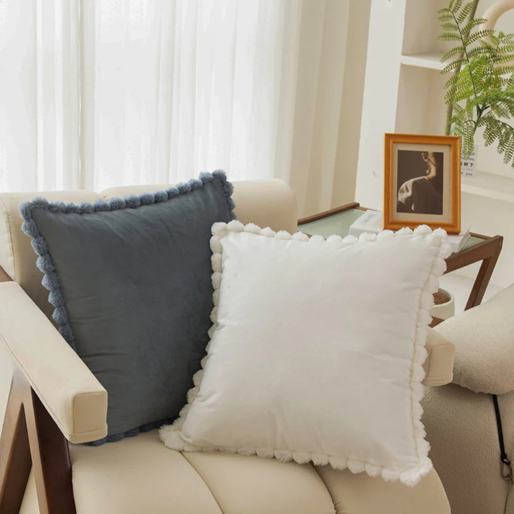 Velvet Pom-Pom Trim Cushion Cover