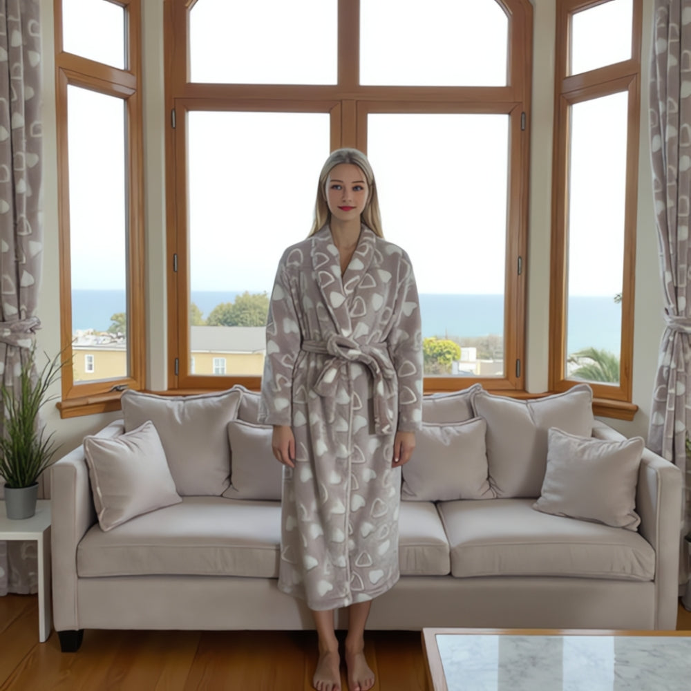 Soft fleece bathrobe with white heart print in gray, plush and cozy loungewear for women