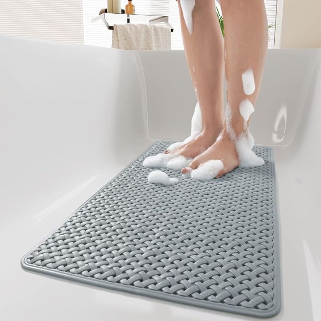 Non-slip grey bathtub mat with drainage holes – anti-skid shower floor mat for safe bathroom use