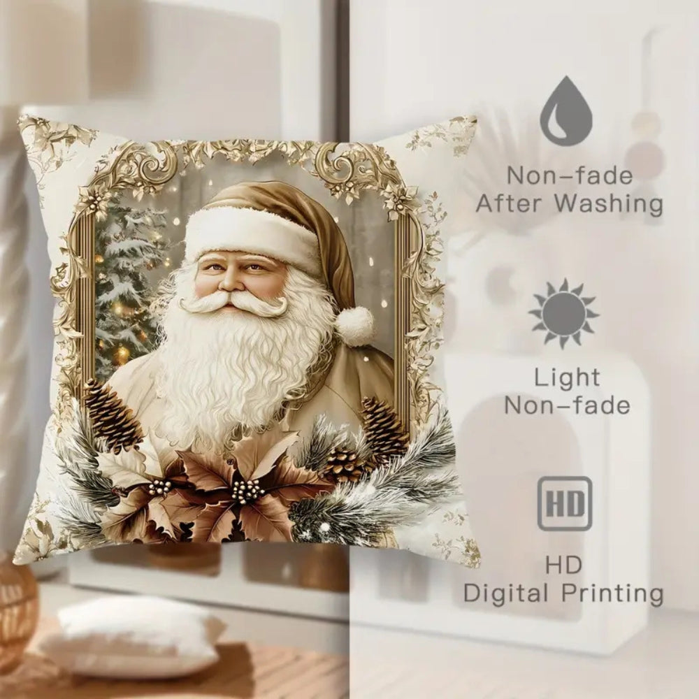 Set of Christmas decorative throw pillow covers with Santa, reindeer, Christmas tree, and pinecone wreath designs for holiday home decor