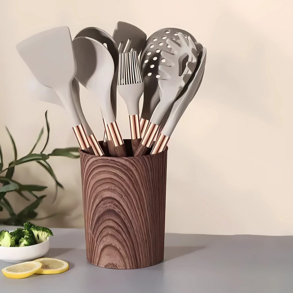 10-piece silicone kitchen utensil set with wood grain handles, heat-resistant cooking tools including spatulas, spoons, ladle, and pasta server