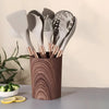 10-piece silicone kitchen utensil set with wood grain handles, heat-resistant cooking tools including spatulas, spoons, ladle, and pasta server