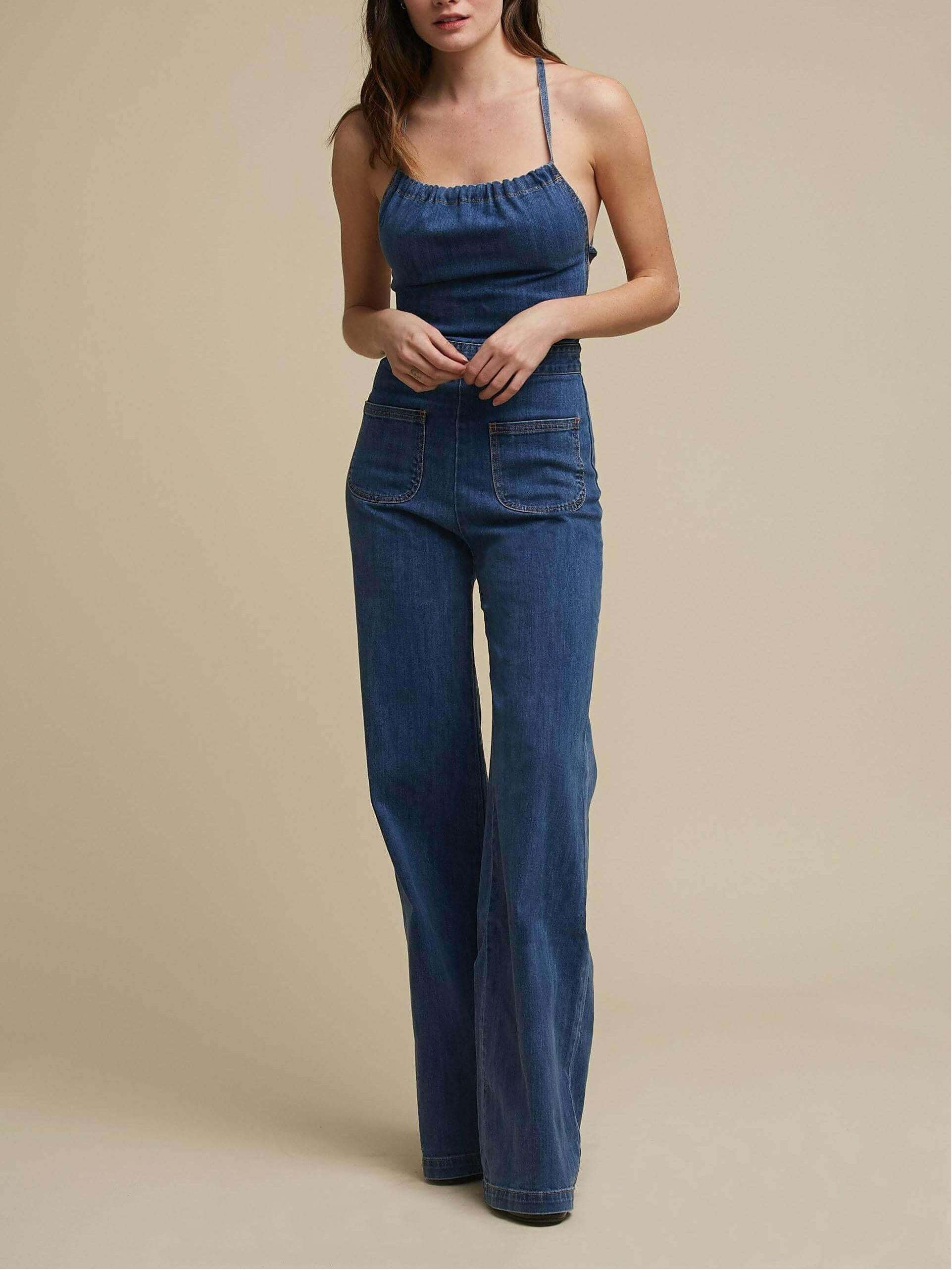 Flared Denim With Tie Back Jumpsuit