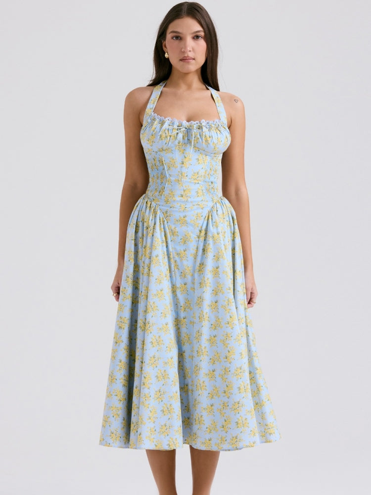 Soft Blue Vintage Floral Print Backless Tank Dress