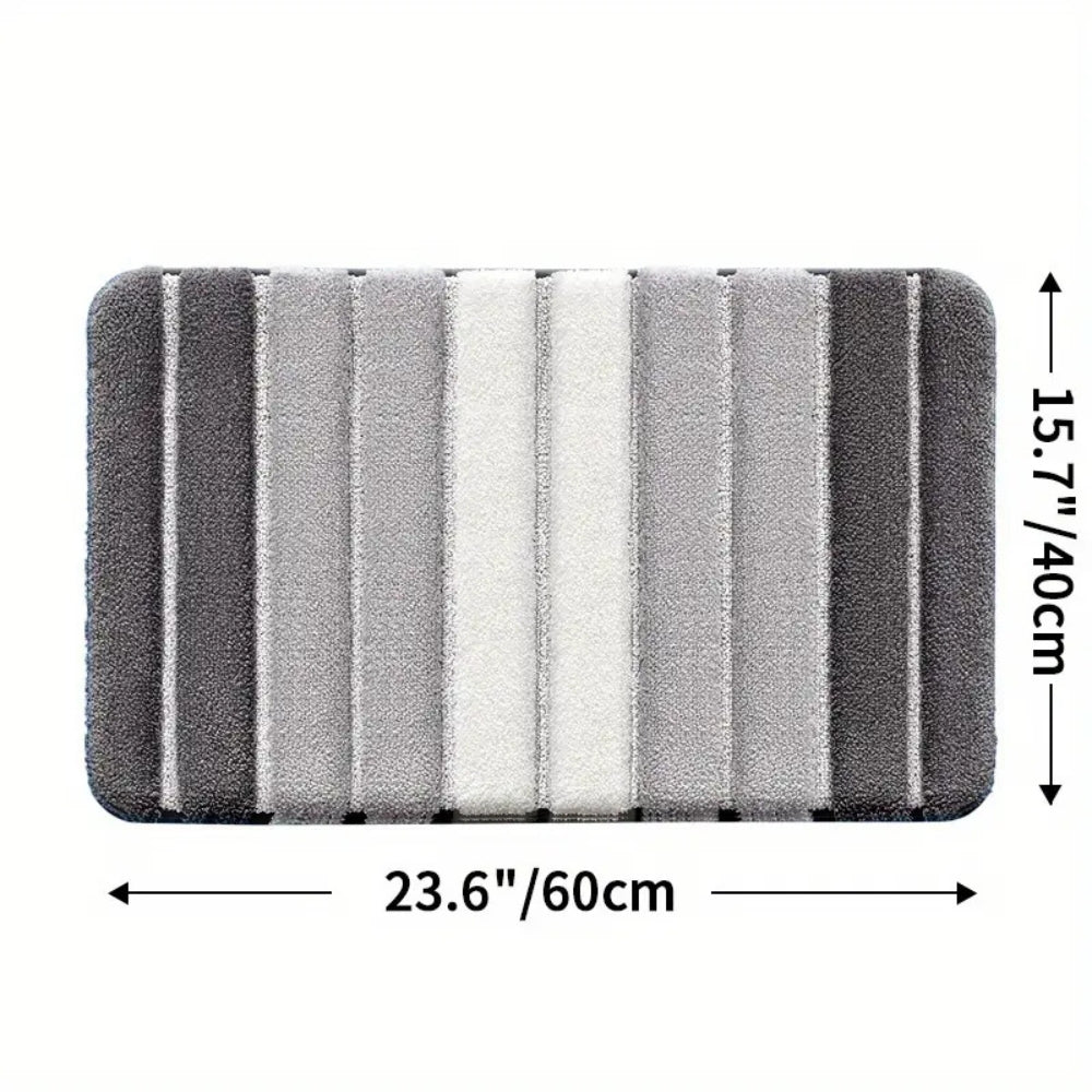 Soft striped gray bath mat with non-slip backing, absorbent plush bathroom rug for shower and tub area