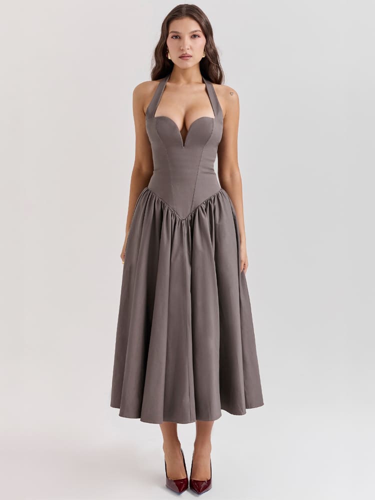 Halter Neck Midi Dress with Side Slit - Smoky Gray