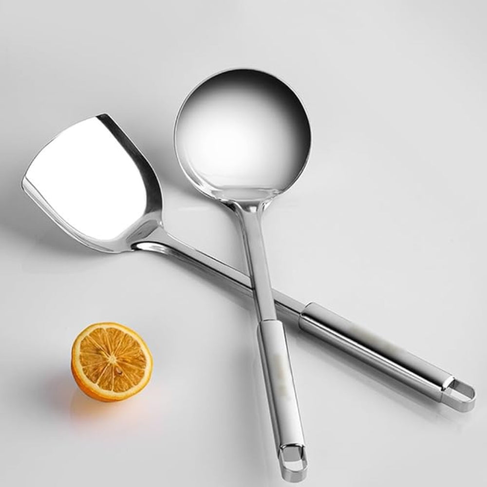 5-piece stainless steel kitchen utensil set with wok spatula, slotted spatula, ladle, skimmer, and serving spoon for cooking