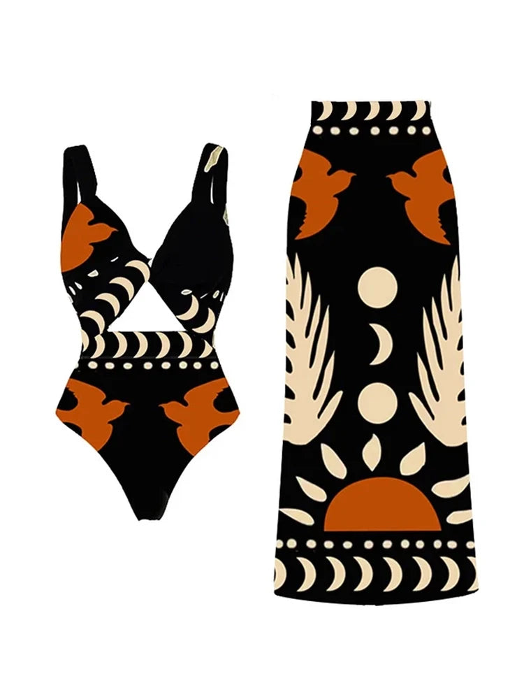 Printed One Piece Swimsuit and Bikini Set