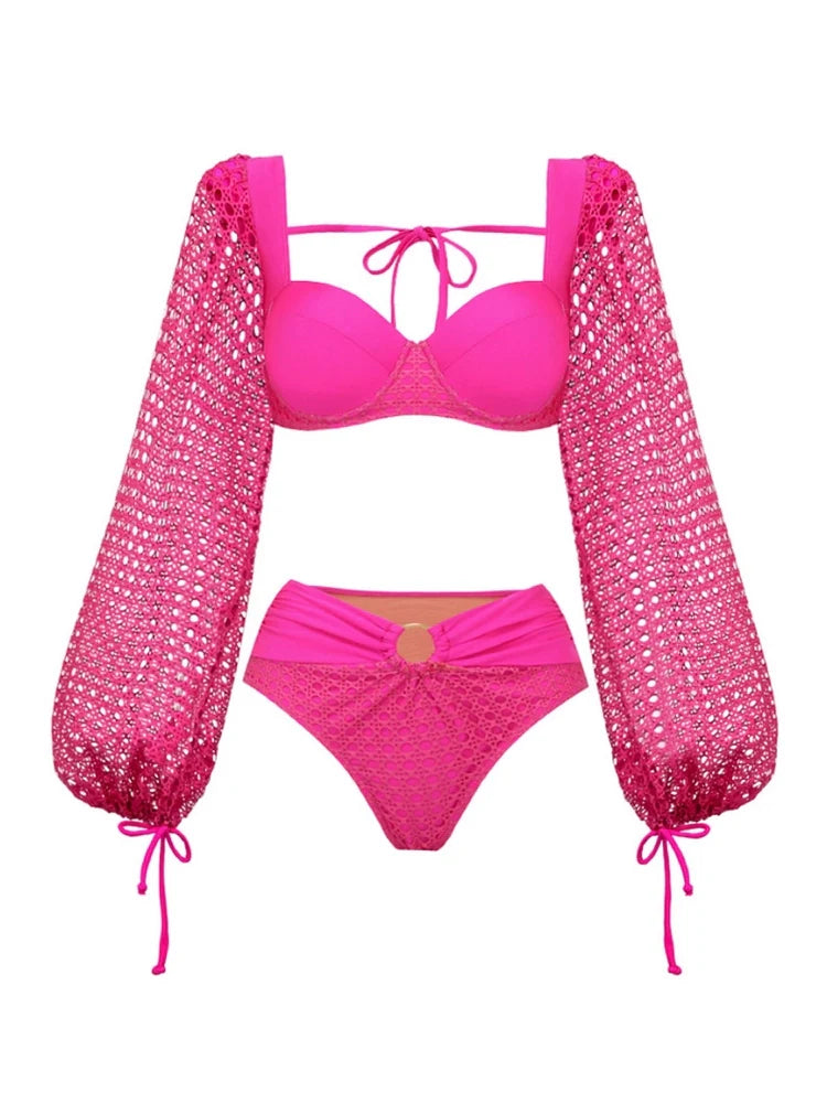 Fluorescent Pink Backless Swimsuit Set