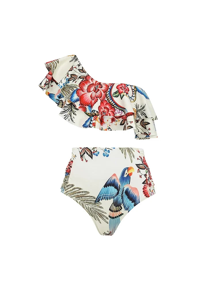 Tropical Toucan Ruffle One-Shoulder Bikini