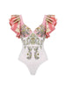 V Neck Ruffle Patchwork Ethnic Print Swimsuit