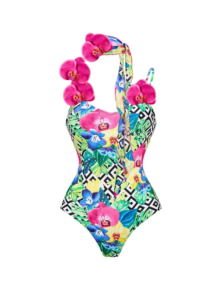 Orchid Strap Print Spaghetti Swimsuit Set