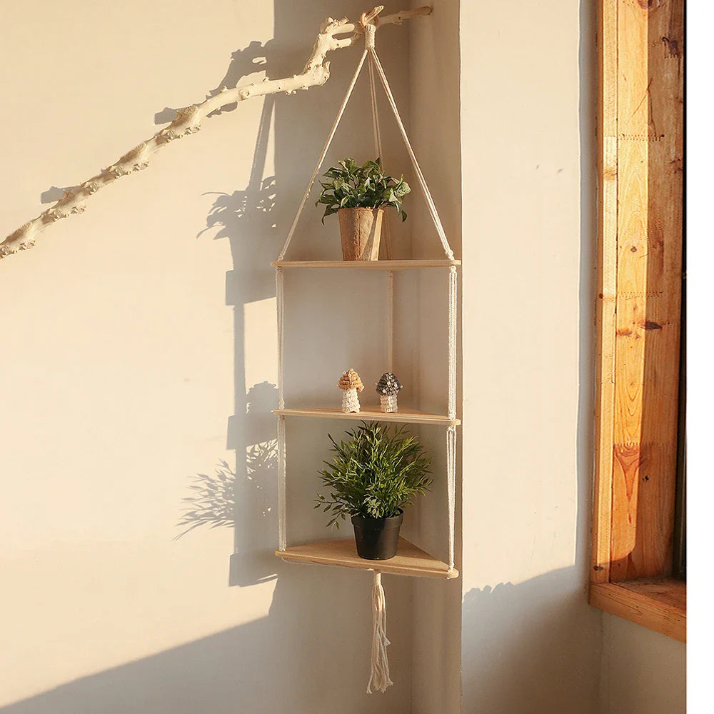 Boho macrame hanging shelf with wooden beads, handmade rope plant holder for wall or window decor