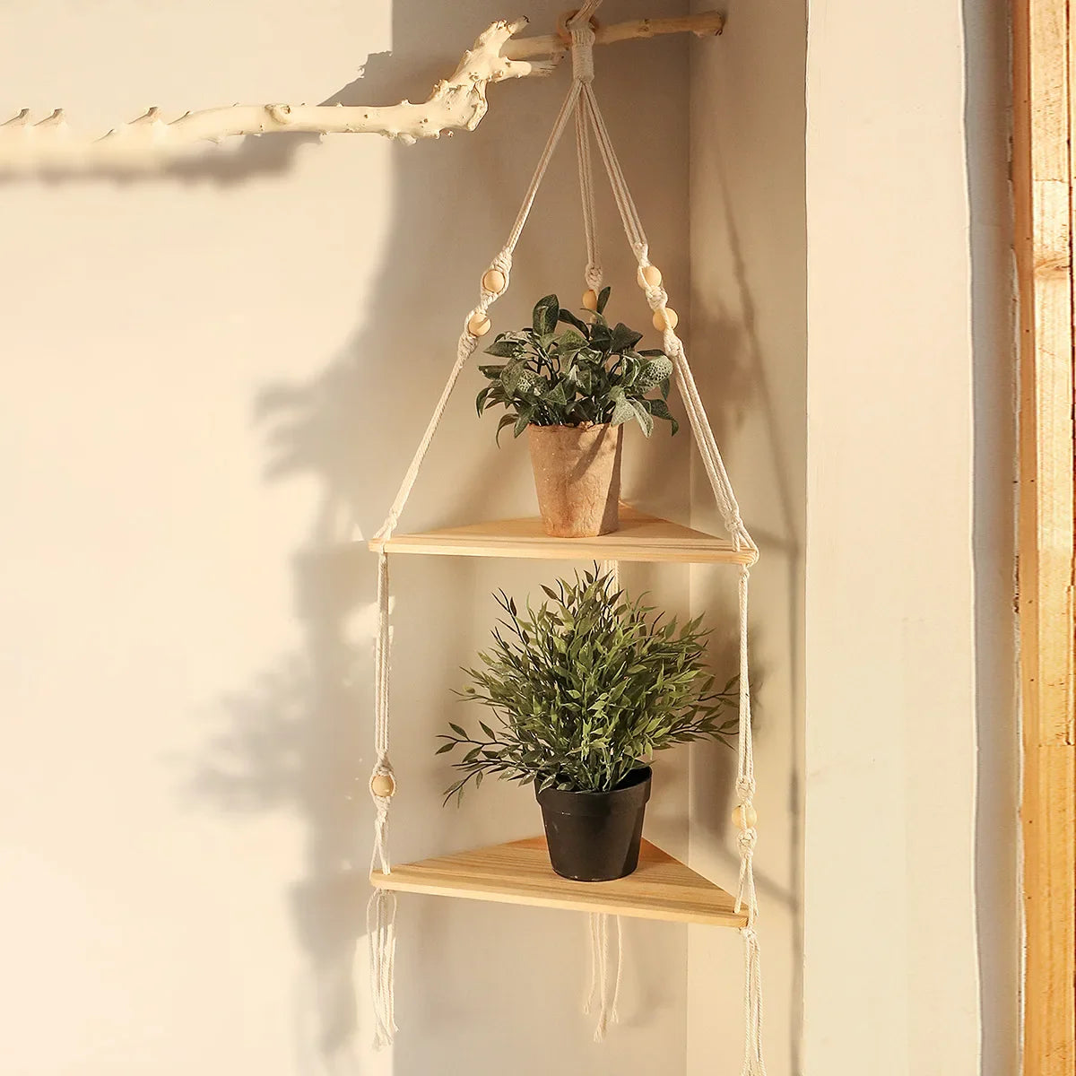 Boho macrame hanging shelf with wooden beads, handmade rope plant holder for wall or window decor