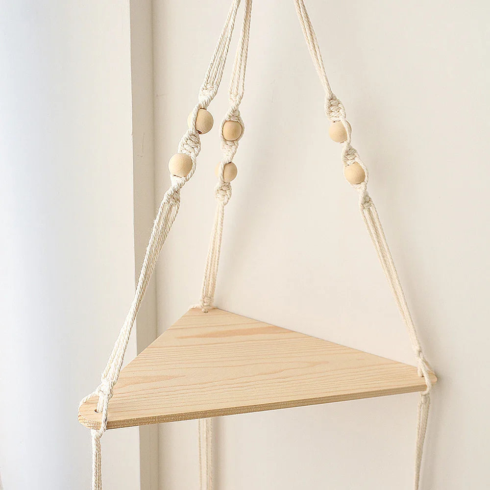 Boho macrame hanging shelf with wooden beads, handmade rope plant holder for wall or window decor