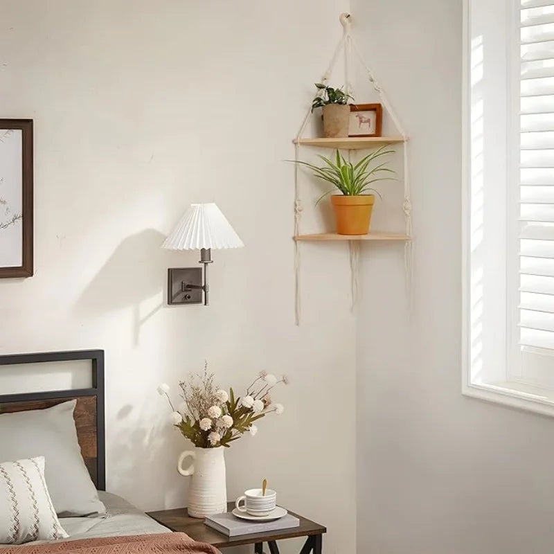 Boho macrame hanging shelf with wooden beads, handmade rope plant holder for wall or window decor