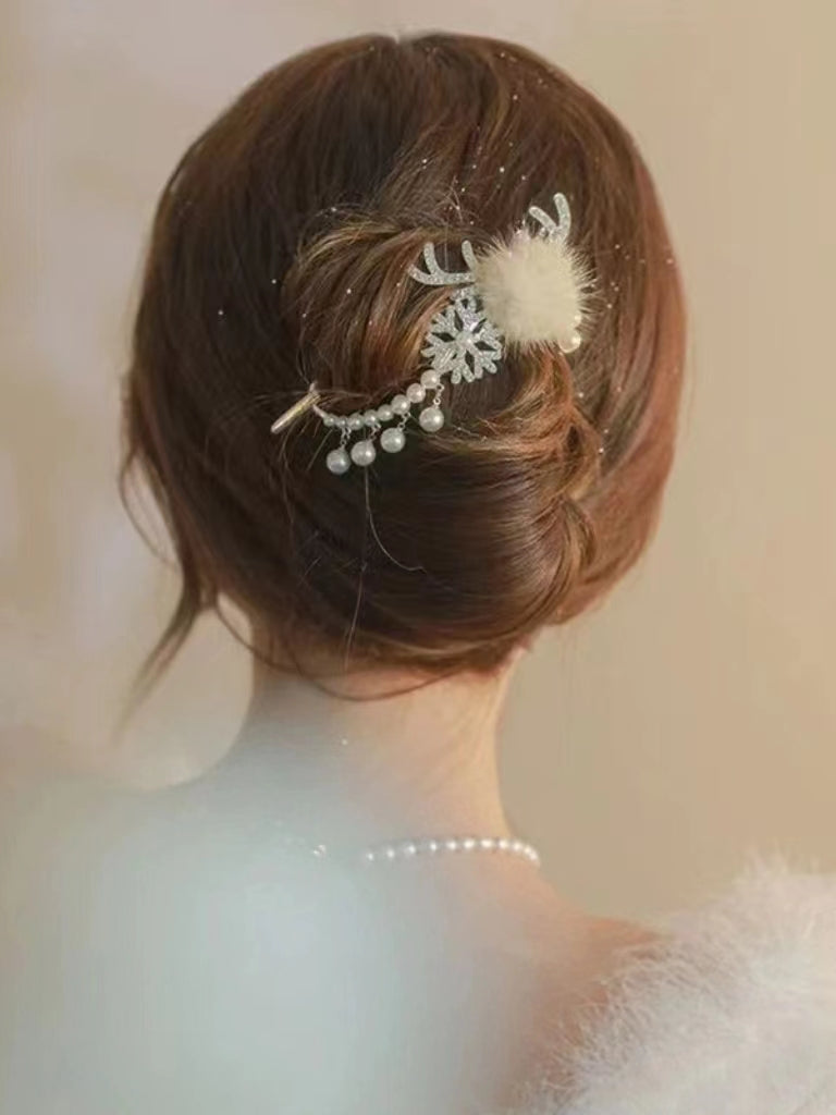 Deer Antler Pearl Rabbit Fur Hair Clip