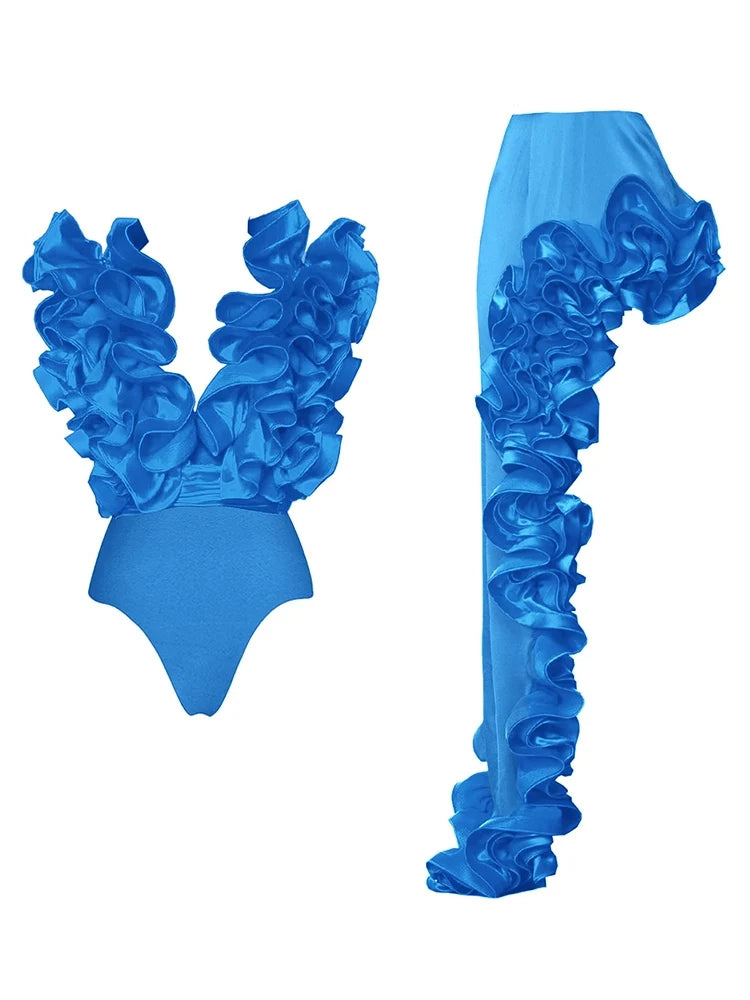 Lace V-Neck Blue Swimsuit