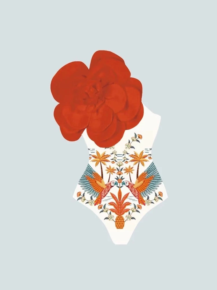 Floral Print One-Piece with 3D Flower Detail